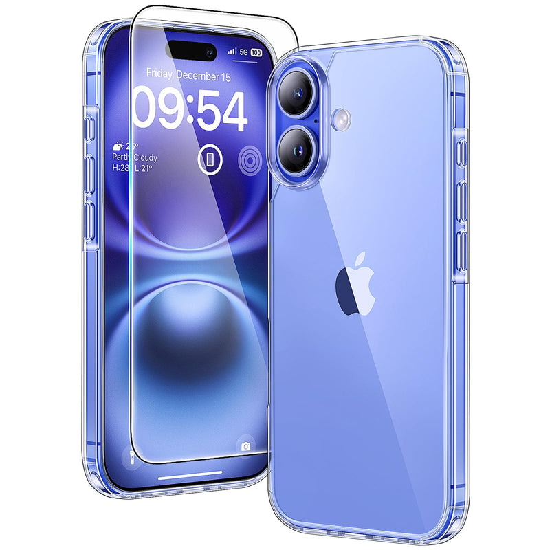 TAURI 3 in 1 for iPhone 16 Case 6.1 Inch with 2 Pieces Tempered Glass Screen Protector, Military Standard Protection, [Anti-Yellowing] Shockproof Transparent Mobile Phone Case - Transparent