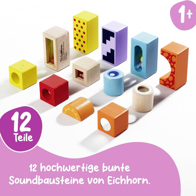 Eichhorn Building Blocks with Sound, 12 Colourful, Sound-Producing Wooden Blocks, for Children and Babies Aged 12 Months and Older, Wooden, 100002240, Multicoloured