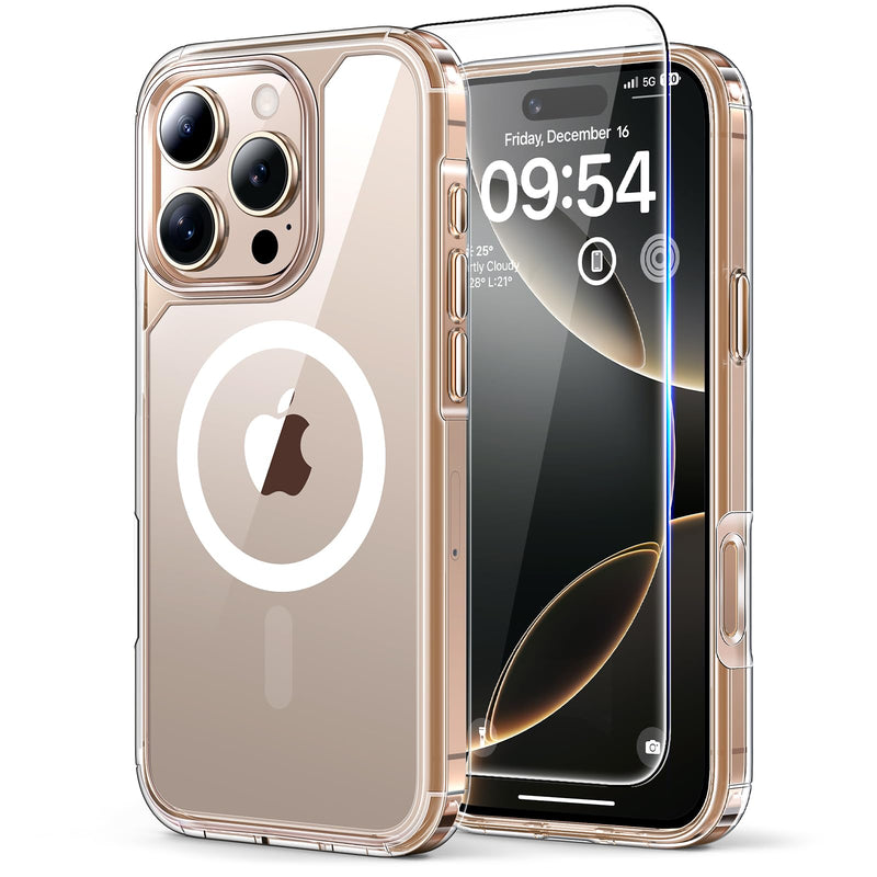 TAURI 3 in 1 for iPhone 16 Case 6.1 Inch with 2 Pieces Tempered Glass Screen Protector, Military Standard Protection, [Anti-Yellowing] Shockproof Transparent Mobile Phone Case - Transparent