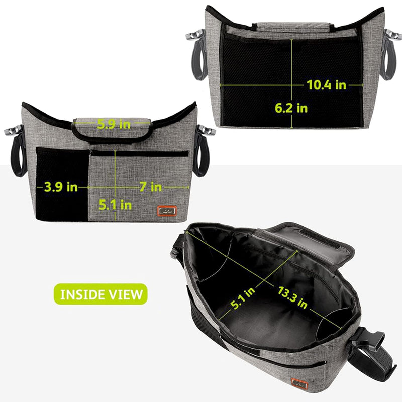 Stroller Organiser, Universal Stroller Storage Bag with 2 Insulated Drink Holders and Shoulder Strap, Can Be Used as a Handbag for Baby Accessories (Grey)