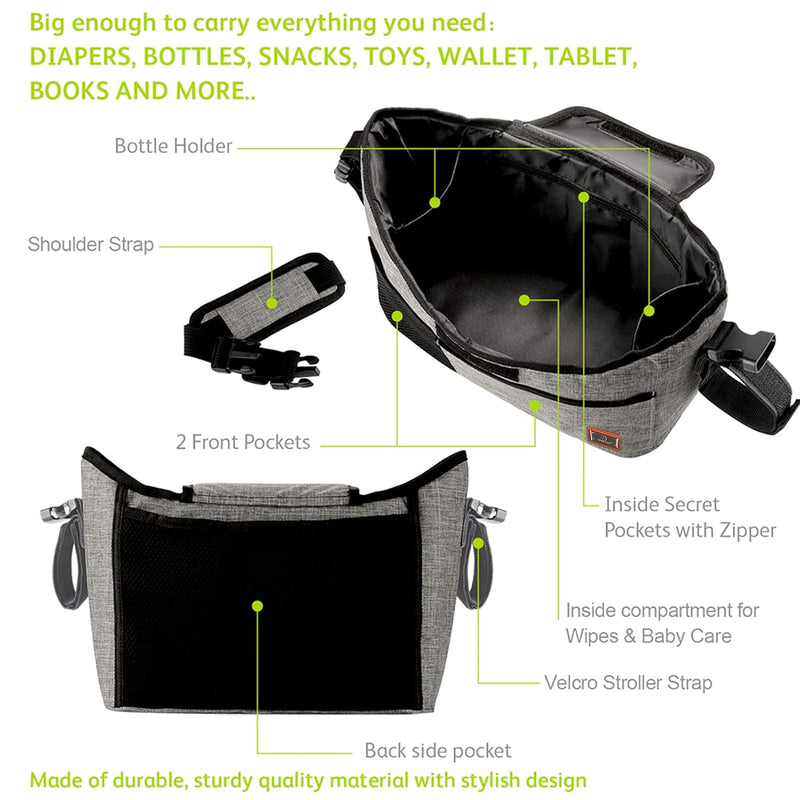 Stroller Organiser, Universal Stroller Storage Bag with 2 Insulated Drink Holders and Shoulder Strap, Can Be Used as a Handbag for Baby Accessories (Grey)