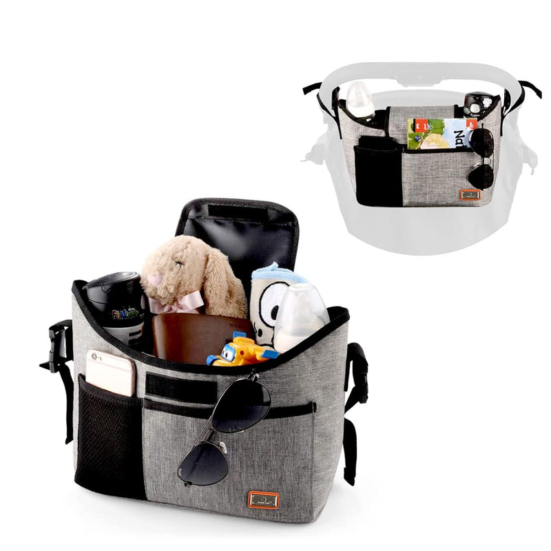 Stroller Organiser, Universal Stroller Storage Bag with 2 Insulated Drink Holders and Shoulder Strap, Can Be Used as a Handbag for Baby Accessories (Grey)