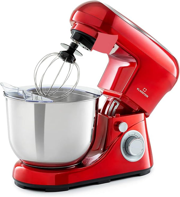 Klarstein Bella Food Processor - Kneading and Mixing Machine with 6 Speed Levels, Stainless Steel, Pulse Function, Planetary Mixing System, 3 Mixing Attachments, 1,300W, Red