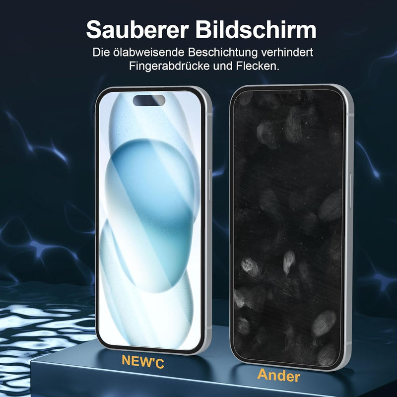 NEW'C Pack of 3 for iPhone 16, iPhone 15 for tempered glass (6.1 inches), free from scratches, 9H hardness, HD screen protector, ultra clear, ultra-resistant, easy installation tool included