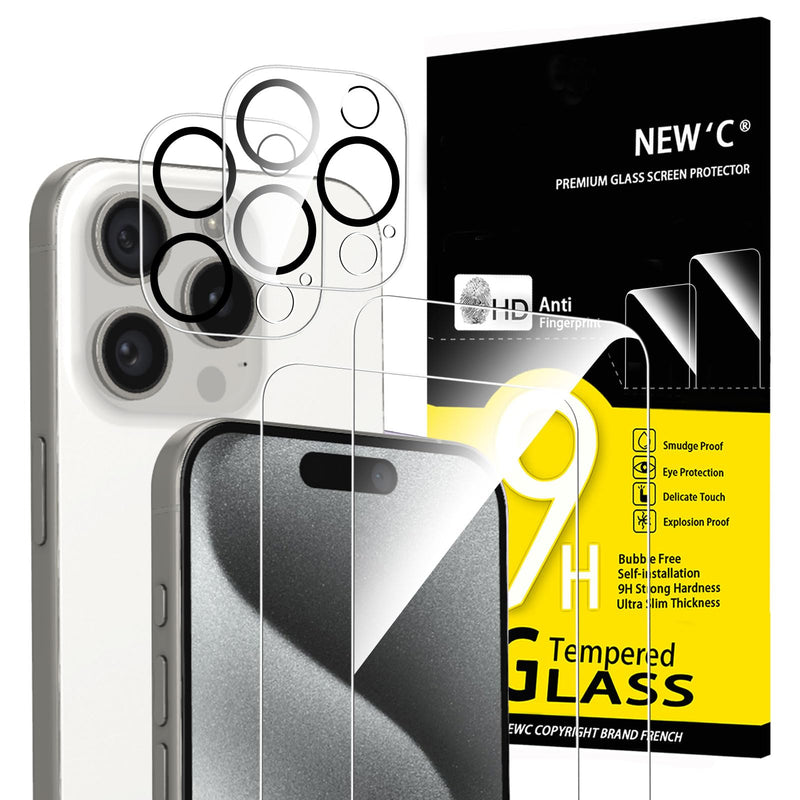 NEW'C Tempered Glass Screen Protector for iPhone 16 Pro, 6.3 Inch (2 Pieces) and 2 x Camera Armoured Protection for Camera Protection (Pack of 2), Scratch-Resistant, Extremely Durable, 9H Hardness