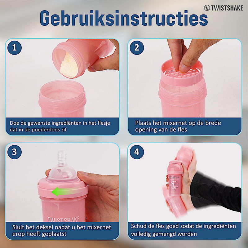 Twistshake Anti-colic Baby Bottle with Milk Powder Container and Mixer - 330 ml | Silicone Nipple with Fast Flow | BPA-Free | Suitable for Babies from 4 Months | Pink