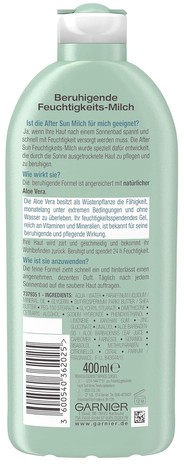 Garnier After Sun Lotion mit Aloe Vera, Kühlende Bodylotion, Ambre Solaire After Sun Beruhigende Feuchtigkeits-Milch, 1 x 400 ml (Packung mit 2)