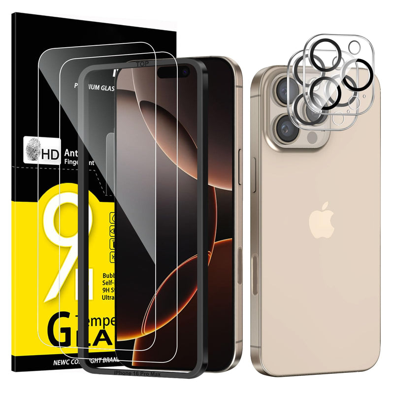 NEW'C Tempered Glass Screen Protector for iPhone 16 Pro, 6.3 Inch (2 Pieces) and 2 x Camera Armoured Protection for Camera Protection (Pack of 2), Scratch-Resistant, Extremely Durable, 9H Hardness
