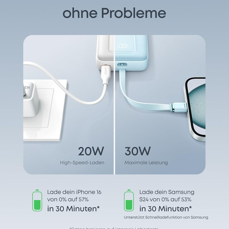Anker Powerbank 20,000 mAh 30 W with Integrated USB-C Cable, High-Speed Portable Charger, 1 USB-C, 1 USB-A, Battery Pack for iPhone 15/15 Pro/15 Pro Max/15 Plus, MacBook, Galaxy and More