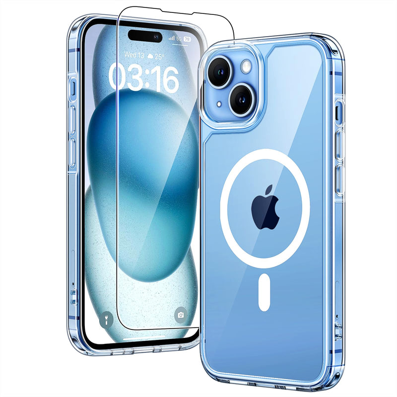TAURI 3 in 1 for iPhone 16 Case 6.1 Inch with 2 Pieces Tempered Glass Screen Protector, Military Standard Protection, [Anti-Yellowing] Shockproof Transparent Mobile Phone Case - Transparent