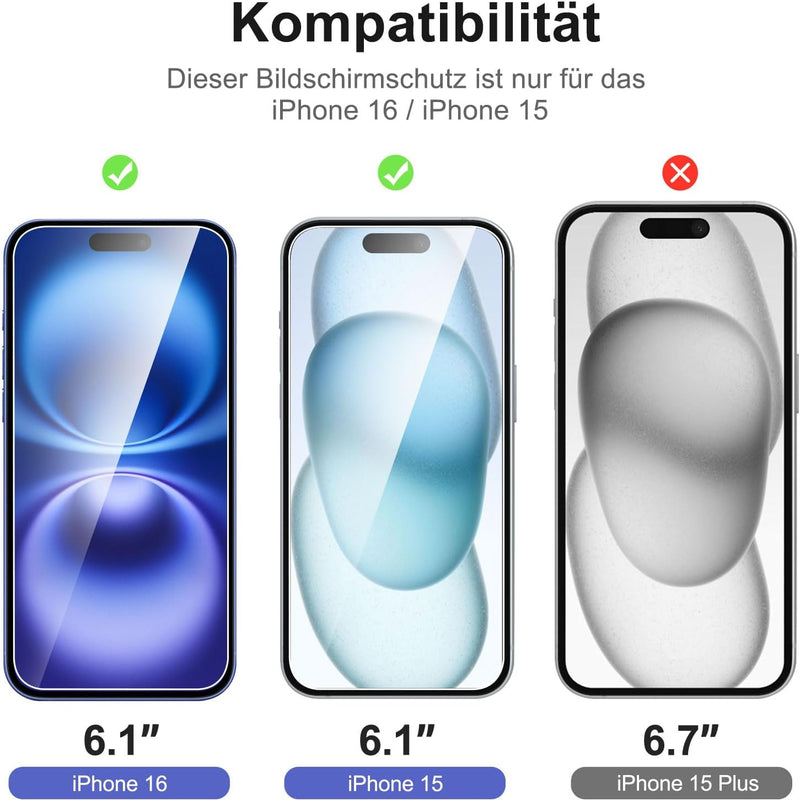 NEW'C Pack of 3 for iPhone 16, iPhone 15 for tempered glass (6.1 inches), free from scratches, 9H hardness, HD screen protector, ultra clear, ultra-resistant, easy installation tool included