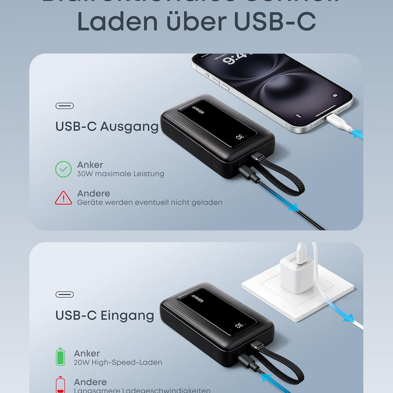 Anker Powerbank 20,000 mAh 30 W with Integrated USB-C Cable, High-Speed Portable Charger, 1 USB-C, 1 USB-A, Battery Pack for iPhone 15/15 Pro/15 Pro Max/15 Plus, MacBook, Galaxy and More