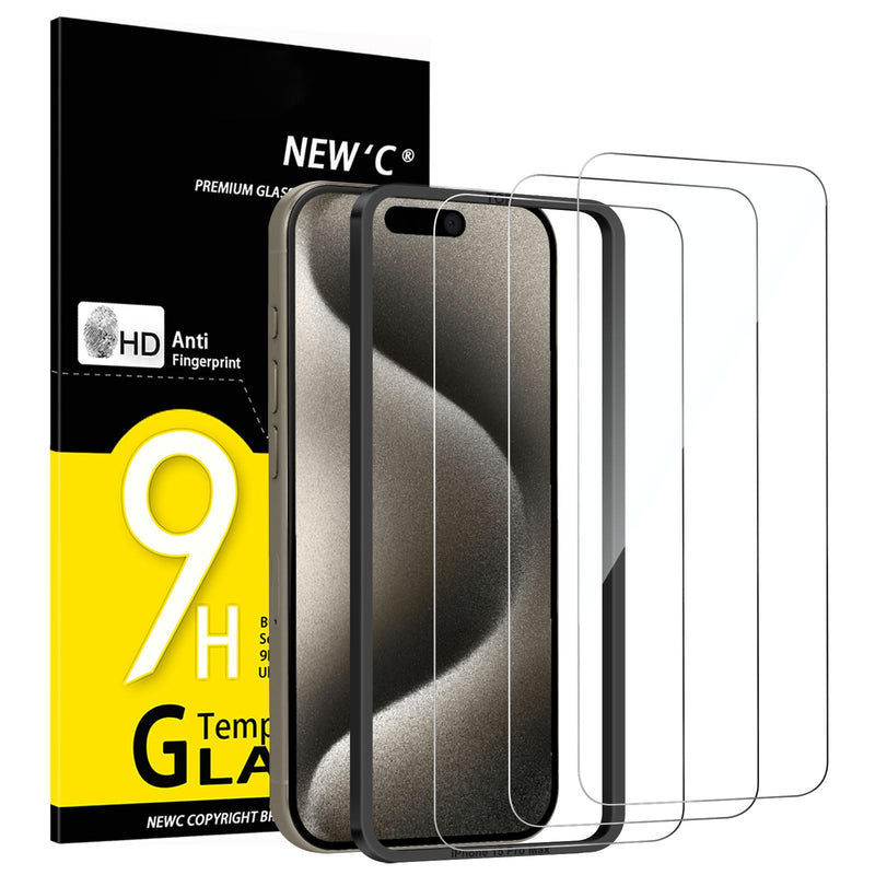 NEW'C Pack of 3 for iPhone 16, iPhone 15 for tempered glass (6.1 inches), free from scratches, 9H hardness, HD screen protector, ultra clear, ultra-resistant, easy installation tool included