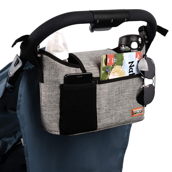 Stroller Organiser, Universal Stroller Storage Bag with 2 Insulated Drink Holders and Shoulder Strap, Can Be Used as a Handbag for Baby Accessories (Grey)