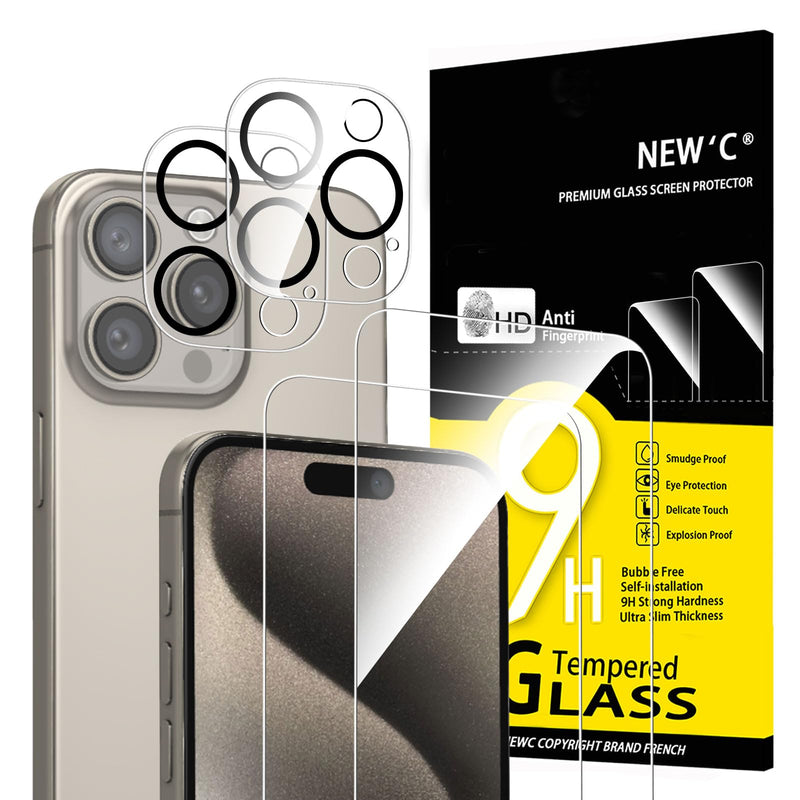 NEW'C Tempered Glass Screen Protector for iPhone 16 Pro, 6.3 Inch (2 Pieces) and 2 x Camera Armoured Protection for Camera Protection (Pack of 2), Scratch-Resistant, Extremely Durable, 9H Hardness
