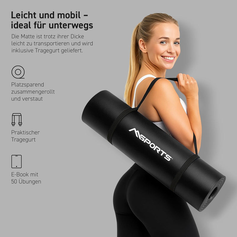MSports Premium Gymnastics Mat including Carry Strap + Exercise Poster + Workout App - Skin-Friendly Fitness Mat, 190 x 60, 80 or 100 x 1.5 cm, Various Colours, Phthalate-Free Yoga Mat, 190 x 60 x 1,5 cm