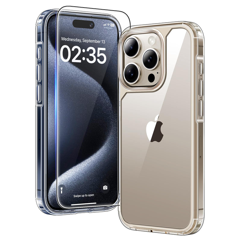 TAURI 3 in 1 for iPhone 16 Case 6.1 Inch with 2 Pieces Tempered Glass Screen Protector, Military Standard Protection, [Anti-Yellowing] Shockproof Transparent Mobile Phone Case - Transparent