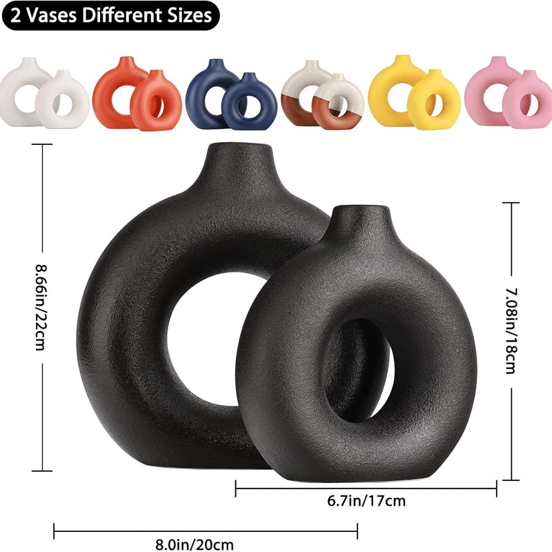Donut Vases, Circular Matte Ceramic Vase for Entryway, Living Room, Bedroom, Dining Table, Table Decor, Office, Home Decor, Black, Set of 2