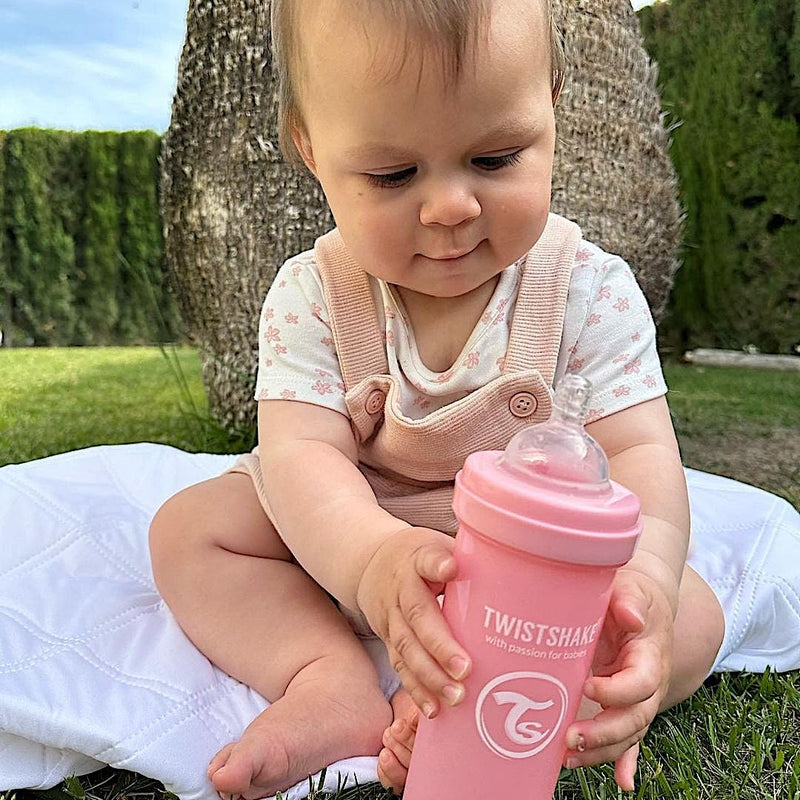 Twistshake Anti-colic Baby Bottle with Milk Powder Container and Mixer - 330 ml | Silicone Nipple with Fast Flow | BPA-Free | Suitable for Babies from 4 Months | Pink