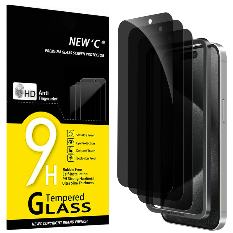 NEW'C Pack of 3 for iPhone 16, iPhone 15 for tempered glass (6.1 inches), free from scratches, 9H hardness, HD screen protector, ultra clear, ultra-resistant, easy installation tool included