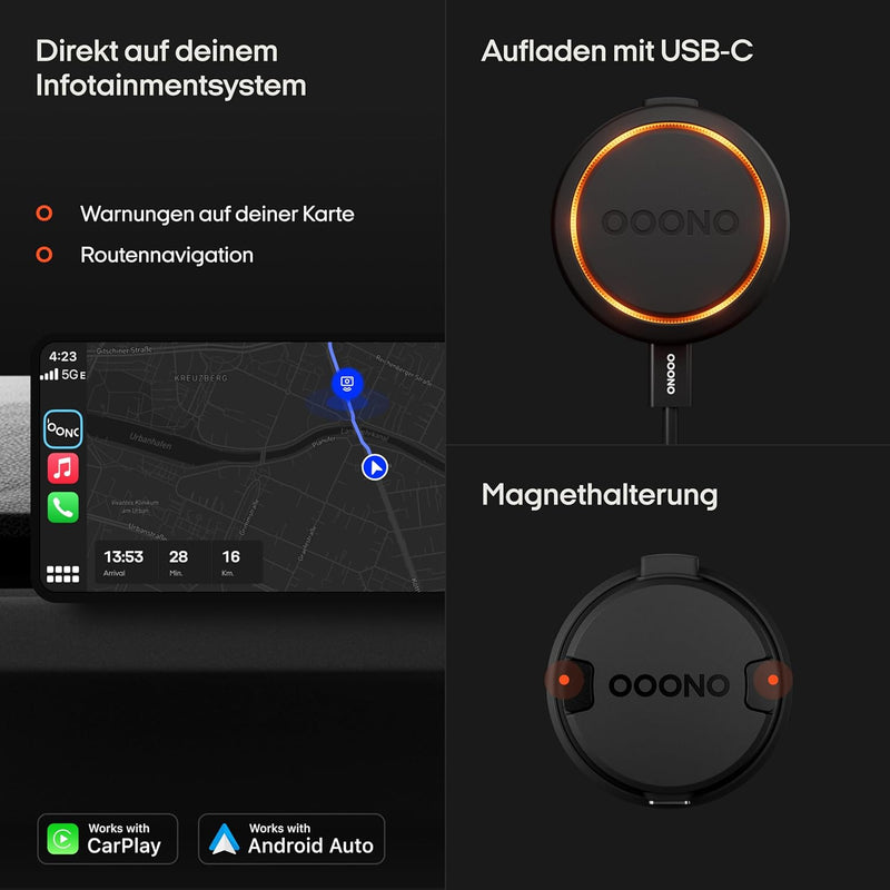 OOONO CO-Driver NO2 [New Model 2024] - Optimised CO Driver for Car - Warns of Speed Cameras and Danger Points - Rechargeable - LED Display - CarPlay & Android Car Compatible, Normal