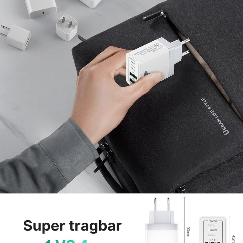Aioneus USB C Charger, 4 Ports Multiple Charger with USB C and USB A, 40 W Fast Charger, PD 3.0 Power Adapter, USB Power Supply for iPhone 15/14 Pro Max/13/12/11/SE 2020/XS/XR/8/7, Samsung Phones