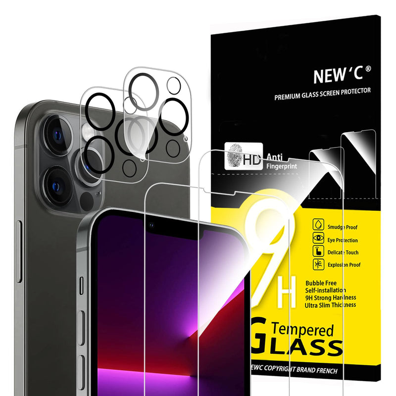 NEW'C Tempered Glass Screen Protector for iPhone 16 Pro, 6.3 Inch (2 Pieces) and 2 x Camera Armoured Protection for Camera Protection (Pack of 2), Scratch-Resistant, Extremely Durable, 9H Hardness