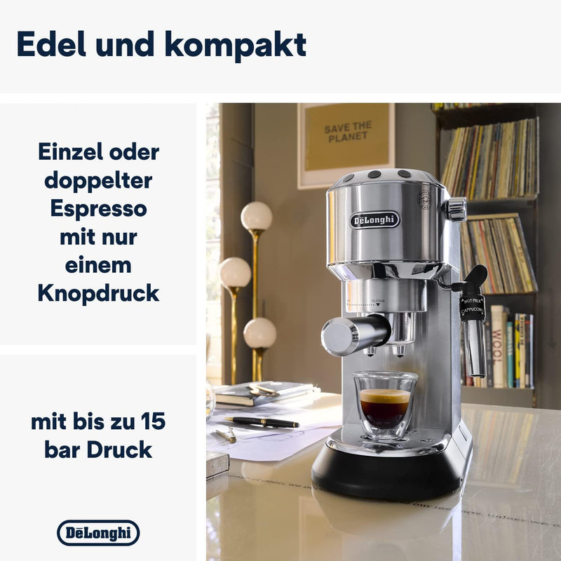 De'Longhi Dedica Style EC 685.M – Espresso Siebträgermaschine, Espressomaschine mit professionellem Milchaufschäumer, nur 15 cm breit, für Kaffeepulver oder ESE Pads, 1 l Wassertank, silber