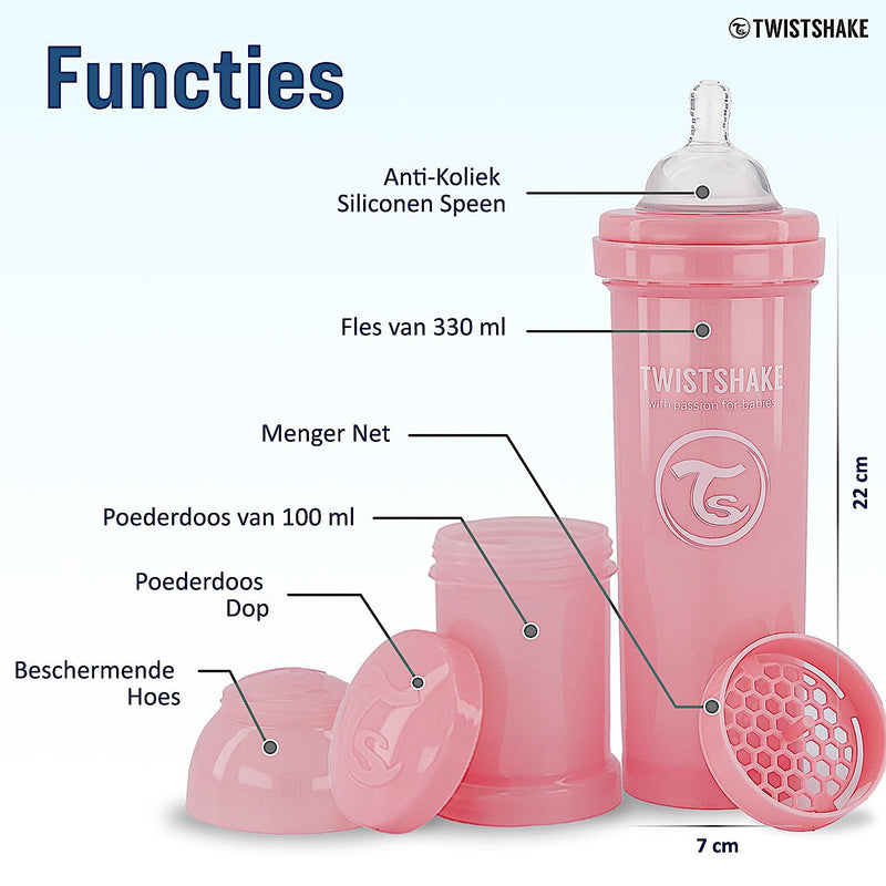 Twistshake Anti-colic Baby Bottle with Milk Powder Container and Mixer - 330 ml | Silicone Nipple with Fast Flow | BPA-Free | Suitable for Babies from 4 Months | Pink