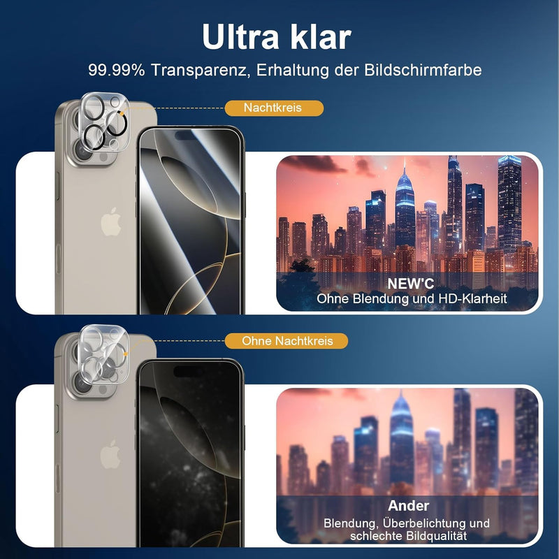 NEW'C Tempered Glass Screen Protector for iPhone 16 Pro, 6.3 Inch (2 Pieces) and 2 x Camera Armoured Protection for Camera Protection (Pack of 2), Scratch-Resistant, Extremely Durable, 9H Hardness