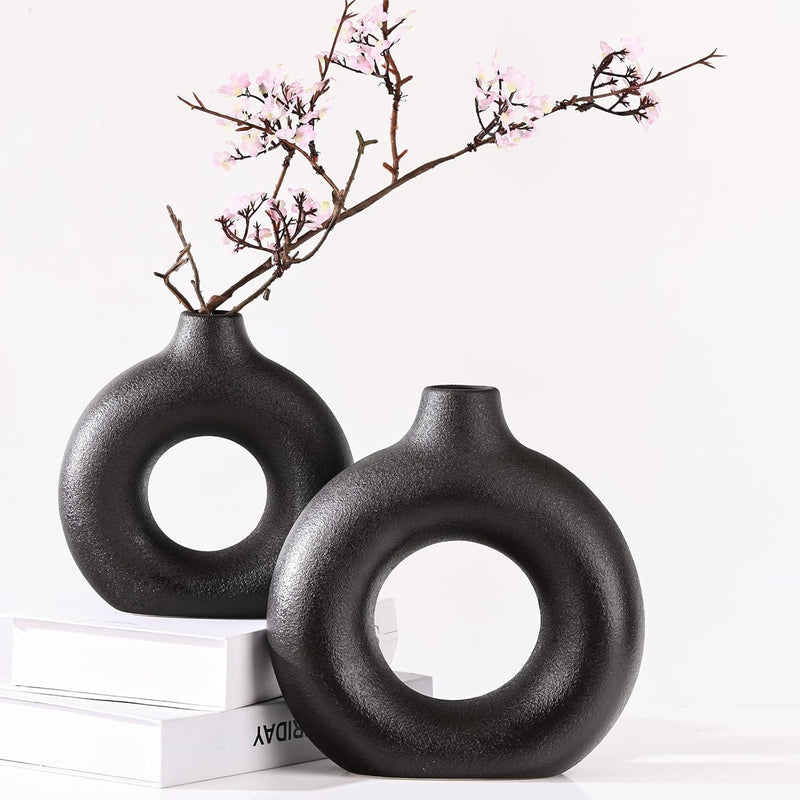 Donut Vases, Circular Matte Ceramic Vase for Entryway, Living Room, Bedroom, Dining Table, Table Decor, Office, Home Decor, Black, Set of 2