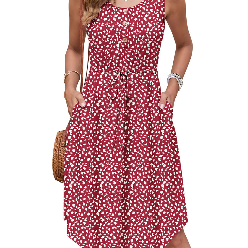 AUSELILY Summer Dresses Women's Lightweight Sleeveless Drawstring High Waist Beach Dresses Knee-Length Button-Down Midi Dress Tunic Dress Elegant Casual Dress with Pockets