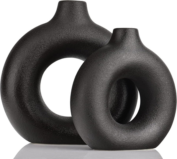 Donut Vases, Circular Matte Ceramic Vase for Entryway, Living Room, Bedroom, Dining Table, Table Decor, Office, Home Decor, Black, Set of 2