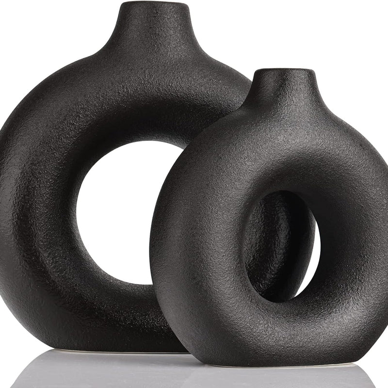 Donut Vases, Circular Matte Ceramic Vase for Entryway, Living Room, Bedroom, Dining Table, Table Decor, Office, Home Decor, Black, Set of 2