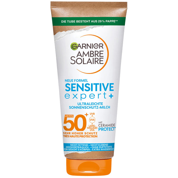 Garnier Sonnenschutzmilch mit LSF 50+, Sehr leichte und rückstandslose Sonnencreme für helle und empfindliche Haut, Ambre Solaire Sensitive expert+, 1 x 175 ml (Packung mit 2)