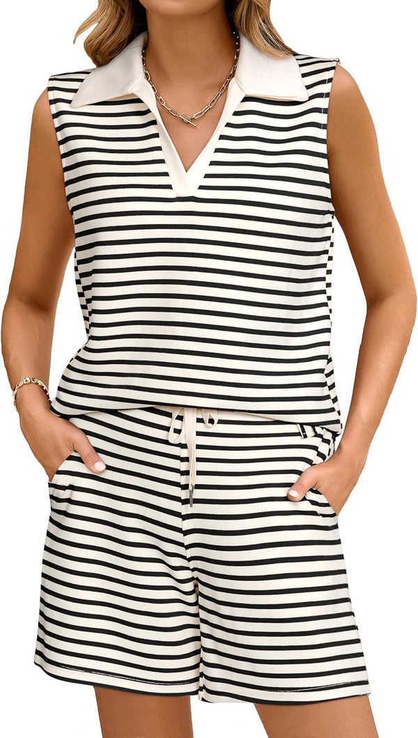 Glamaker Women Two Piece Short Set Summer V Neck Travel Outfits Sweatsuits Sleeveless Lounge Set Tracksuit
