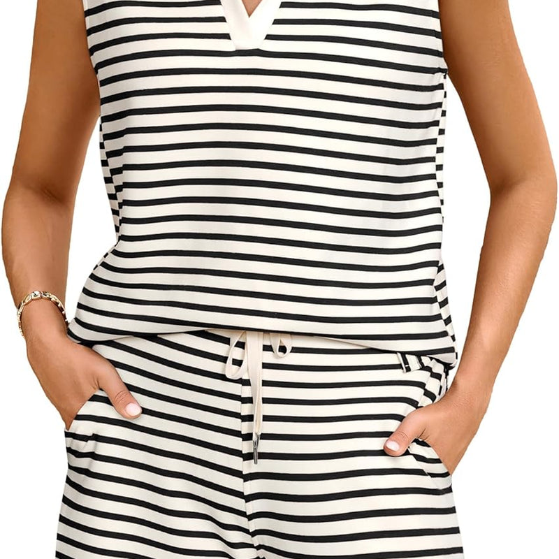 Glamaker Women Two Piece Short Set Summer V Neck Travel Outfits Sweatsuits Sleeveless Lounge Set Tracksuit