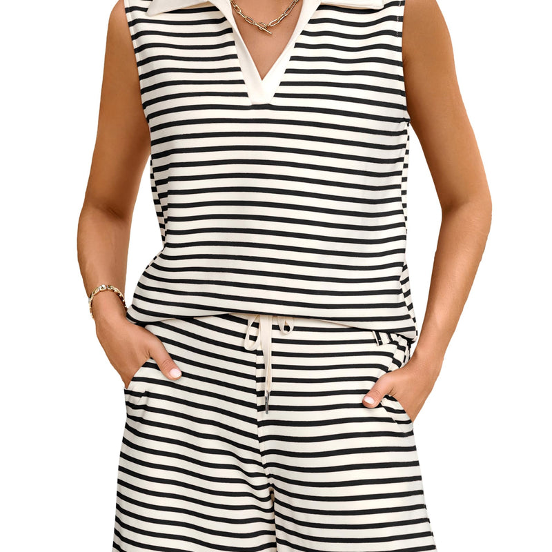 Glamaker Women Two Piece Short Set Summer V Neck Travel Outfits Sweatsuits Sleeveless Lounge Set Tracksuit
