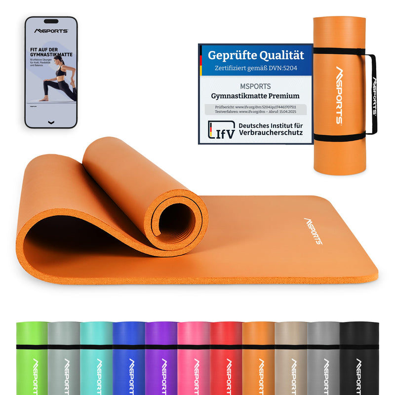 MSports Premium Gymnastics Mat including Carry Strap + Exercise Poster + Workout App - Skin-Friendly Fitness Mat, 190 x 60, 80 or 100 x 1.5 cm, Various Colours, Phthalate-Free Yoga Mat, 190 x 60 x 1,5 cm