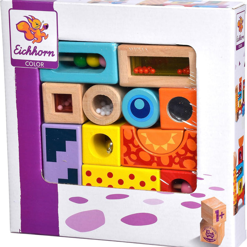 Eichhorn Building Blocks with Sound, 12 Colourful, Sound-Producing Wooden Blocks, for Children and Babies Aged 12 Months and Older, Wooden, 100002240, Multicoloured