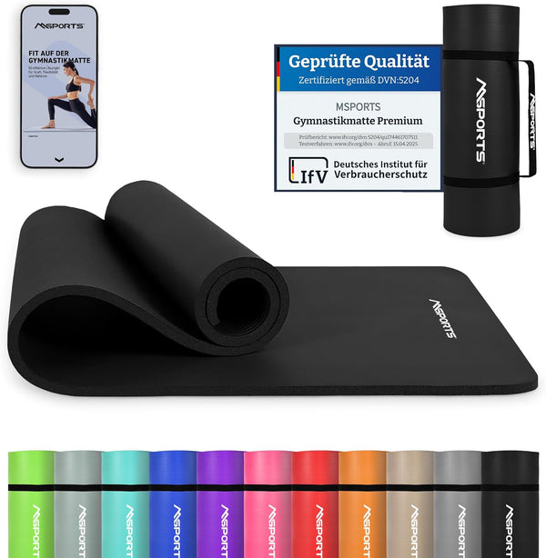 MSports Premium Gymnastics Mat including Carry Strap + Exercise Poster + Workout App - Skin-Friendly Fitness Mat, 190 x 60, 80 or 100 x 1.5 cm, Various Colours, Phthalate-Free Yoga Mat, 190 x 60 x 1,5 cm