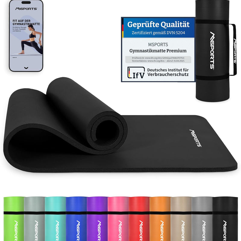 MSports Premium Gymnastics Mat including Carry Strap + Exercise Poster + Workout App - Skin-Friendly Fitness Mat, 190 x 60, 80 or 100 x 1.5 cm, Various Colours, Phthalate-Free Yoga Mat, 190 x 60 x 1,5 cm