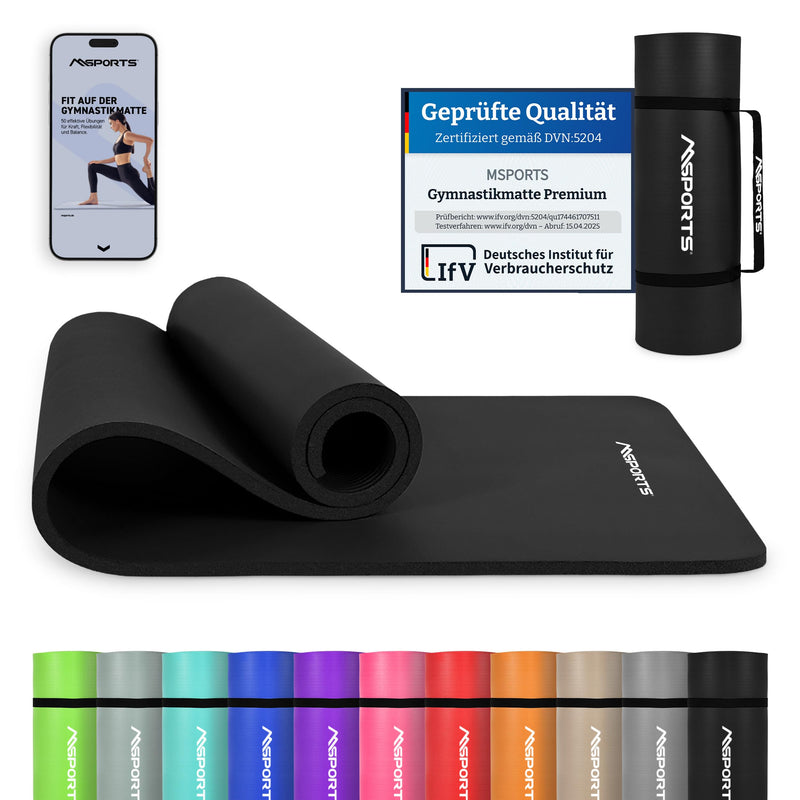 MSports Premium Gymnastics Mat including Carry Strap + Exercise Poster + Workout App - Skin-Friendly Fitness Mat, 190 x 60, 80 or 100 x 1.5 cm, Various Colours, Phthalate-Free Yoga Mat, 190 x 60 x 1,5 cm