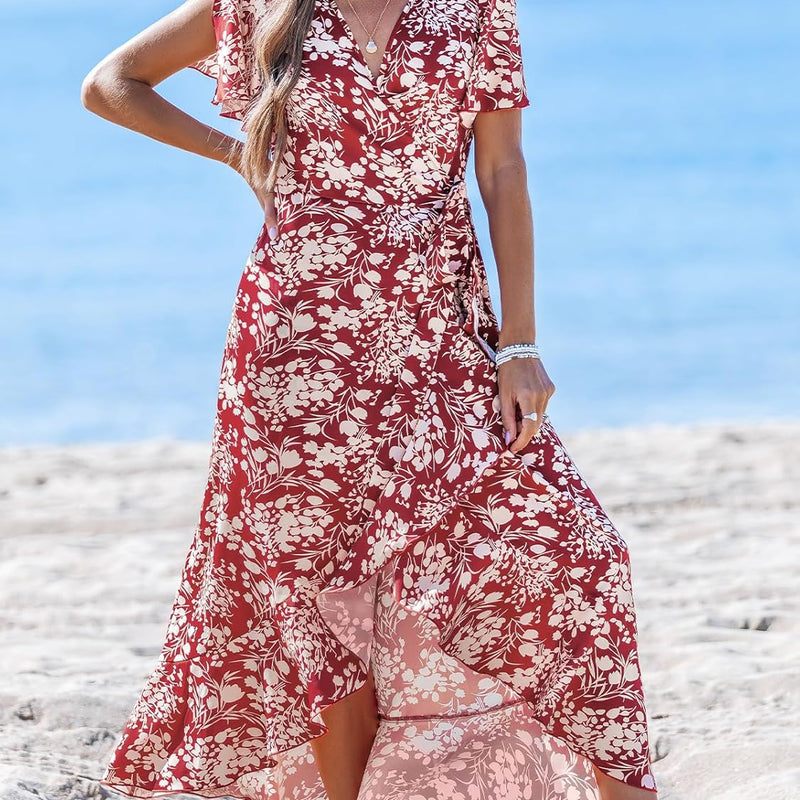 CUPSHE Women Summer Maxi Dress Casual Split Sleeve V Neck Ruffle Beach Dress Black L, black