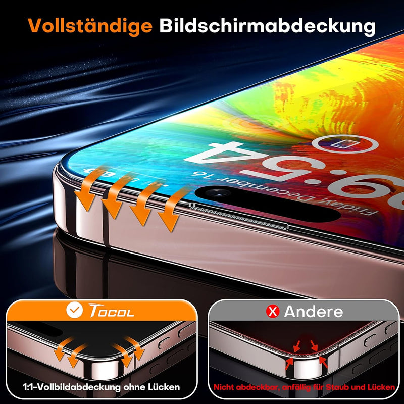 TOCOL For iPhone 16 Pro for Tempered Glass, Full Screen Shockproof Protective Glass Car Installation 9H Hardness Film Scratch-Resistant Anti-Fingerprint Anti-Oil Anti-Bubble Screen Protector for