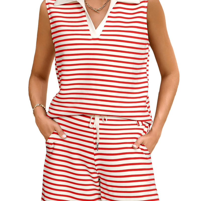 Glamaker Women Two Piece Short Set Summer V Neck Travel Outfits Sweatsuits Sleeveless Lounge Set Tracksuit