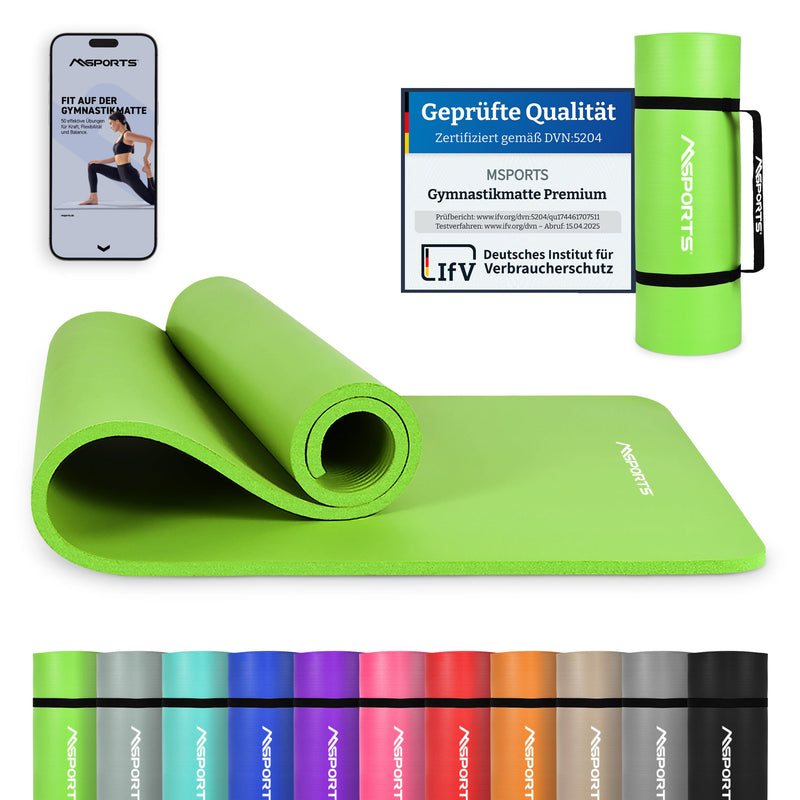 MSports Premium Gymnastics Mat including Carry Strap + Exercise Poster + Workout App - Skin-Friendly Fitness Mat, 190 x 60, 80 or 100 x 1.5 cm, Various Colours, Phthalate-Free Yoga Mat, 190 x 60 x 1,5 cm