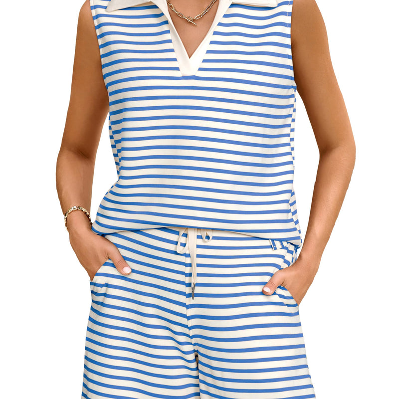 Glamaker Women Two Piece Short Set Summer V Neck Travel Outfits Sweatsuits Sleeveless Lounge Set Tracksuit