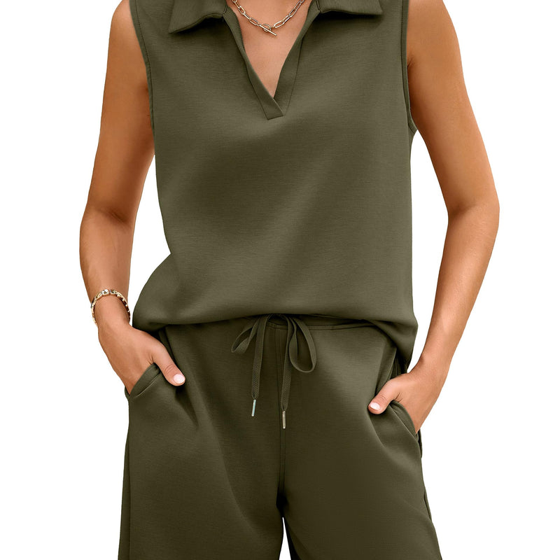 Glamaker Women Two Piece Short Set Summer V Neck Travel Outfits Sweatsuits Sleeveless Lounge Set Tracksuit