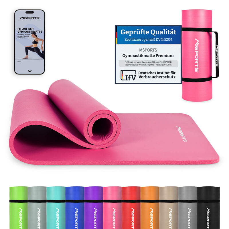 MSports Premium Gymnastics Mat including Carry Strap + Exercise Poster + Workout App - Skin-Friendly Fitness Mat, 190 x 60, 80 or 100 x 1.5 cm, Various Colours, Phthalate-Free Yoga Mat, 190 x 60 x 1,5 cm